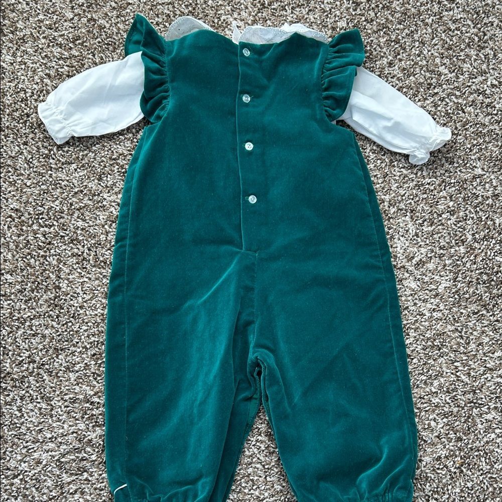 Vintage 80s Green and White Kids Christmas Candy Cane Bear Romper Blouse - Picture 12 of 16